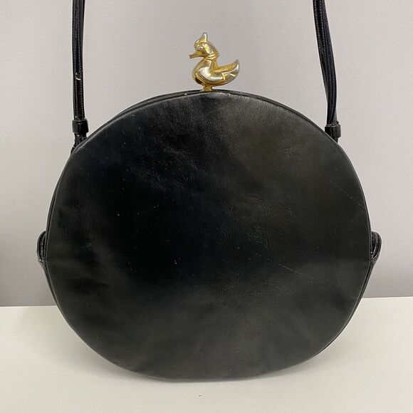 Vintage Judith Leiber Leather Purse Black Gold Tone Metal DUCK Clasp RARE‎ TLC - Picture 2 of 12